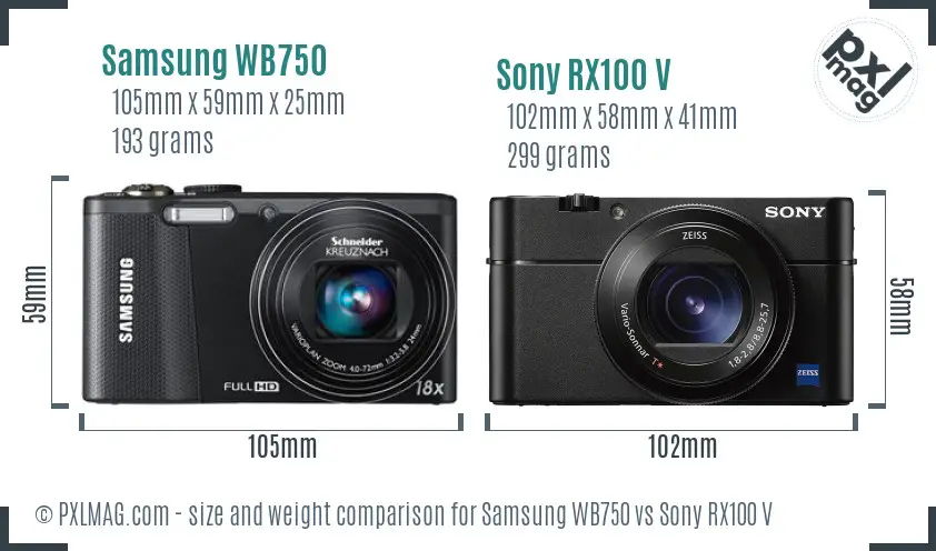 Samsung WB750 vs Sony RX100 V size comparison