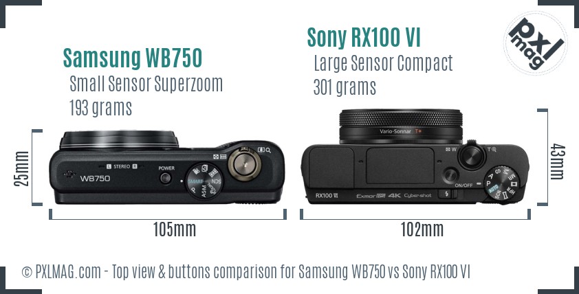 Samsung WB750 vs Sony RX100 VI top view buttons comparison