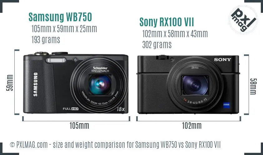 Samsung WB750 vs Sony RX100 VII size comparison