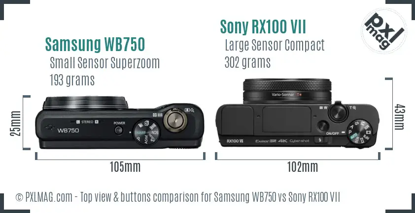 Samsung WB750 vs Sony RX100 VII top view buttons comparison