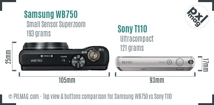 Samsung WB750 vs Sony T110 top view buttons comparison
