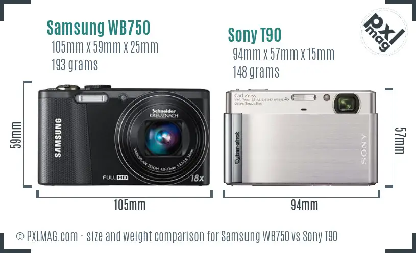 Samsung WB750 vs Sony T90 size comparison