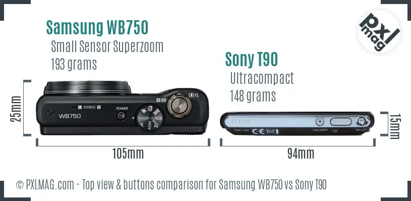Samsung WB750 vs Sony T90 top view buttons comparison
