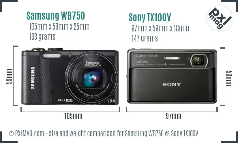 Samsung WB750 vs Sony TX100V size comparison