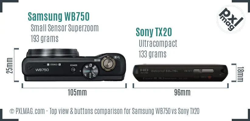 Samsung WB750 vs Sony TX20 top view buttons comparison