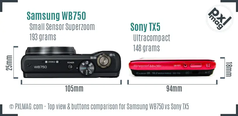 Samsung WB750 vs Sony TX5 top view buttons comparison