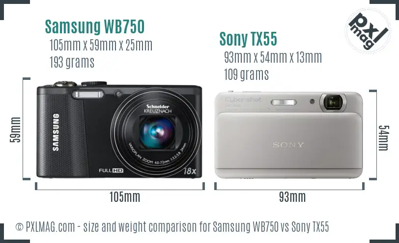 Samsung WB750 vs Sony TX55 size comparison