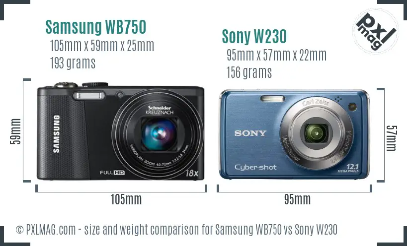 Samsung WB750 vs Sony W230 size comparison