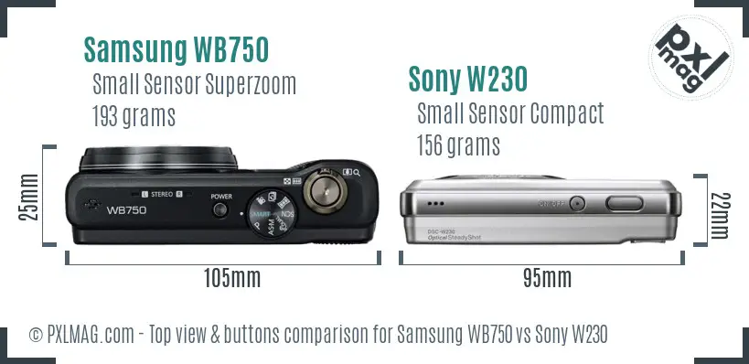 Samsung WB750 vs Sony W230 top view buttons comparison