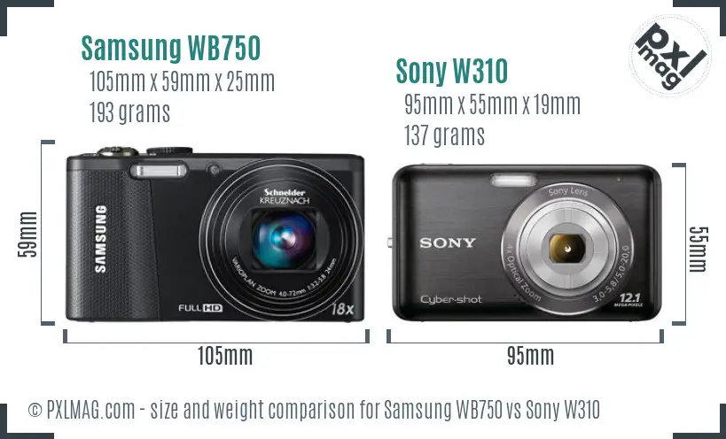 Samsung WB750 vs Sony W310 size comparison