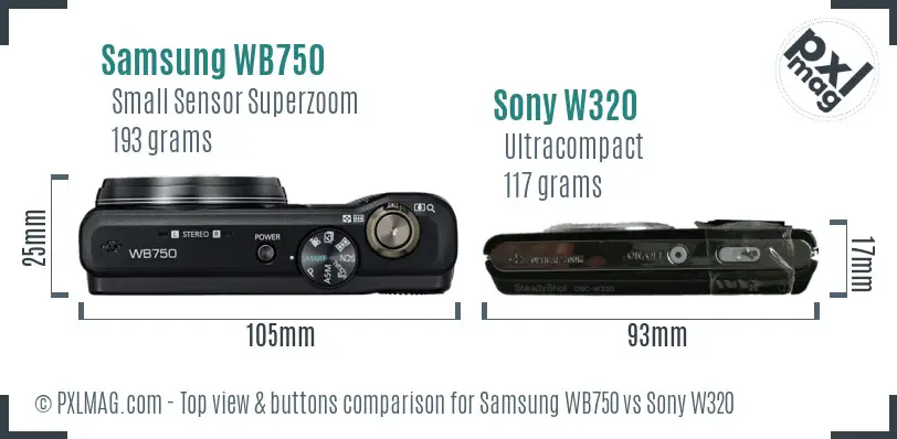 Samsung WB750 vs Sony W320 top view buttons comparison