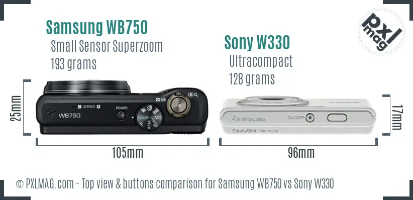 Samsung WB750 vs Sony W330 top view buttons comparison