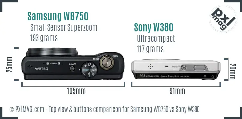 Samsung WB750 vs Sony W380 top view buttons comparison