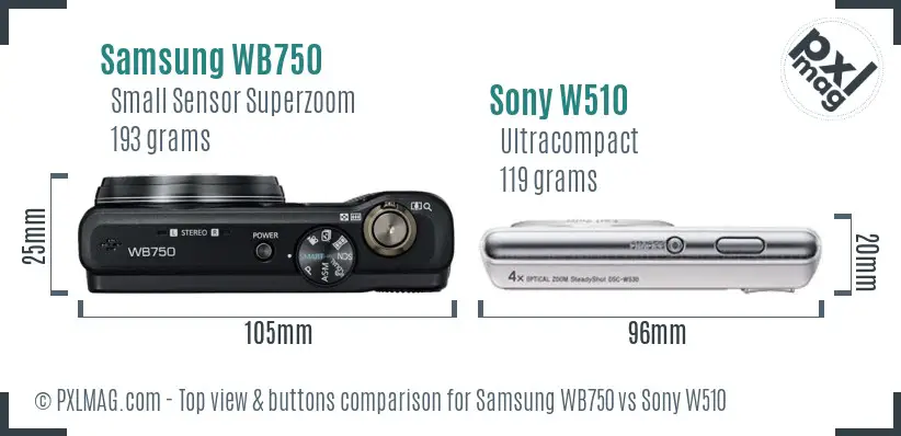 Samsung WB750 vs Sony W510 top view buttons comparison