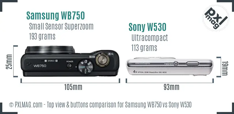 Samsung WB750 vs Sony W530 top view buttons comparison