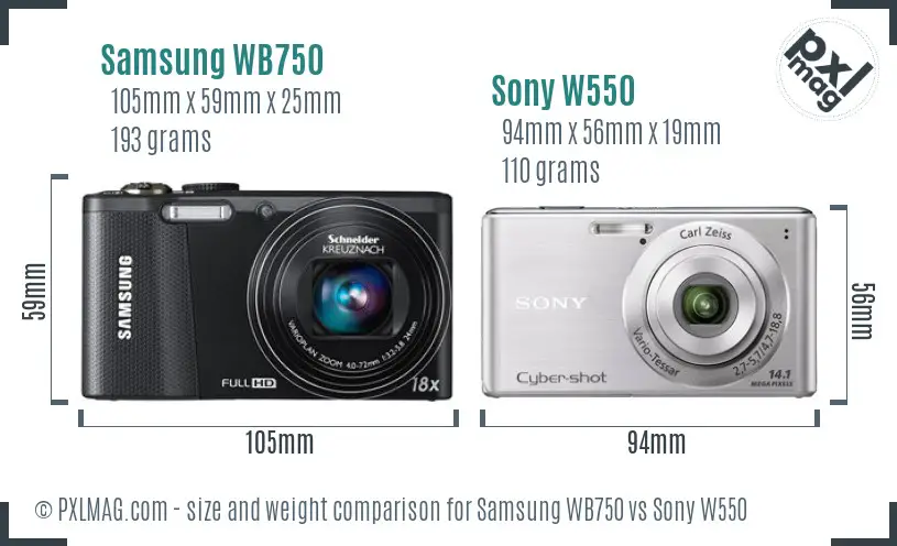 Samsung WB750 vs Sony W550 size comparison