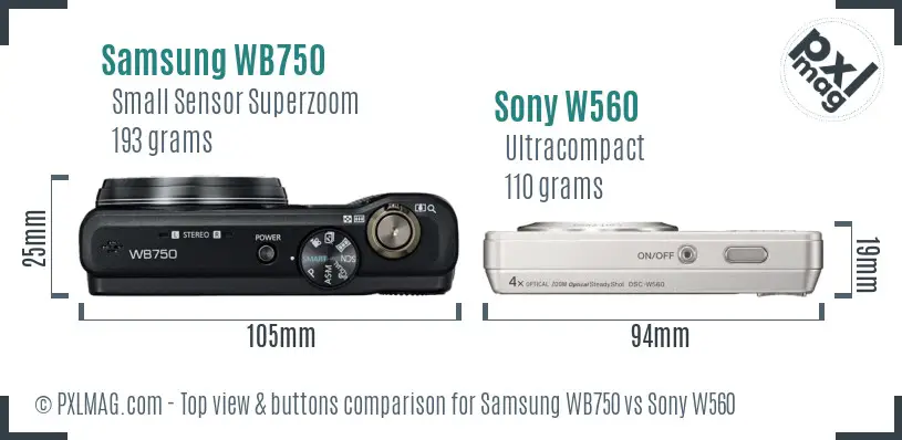 Samsung WB750 vs Sony W560 top view buttons comparison
