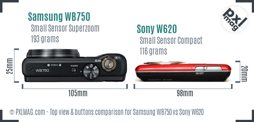 Samsung WB750 vs Sony W620 top view buttons comparison