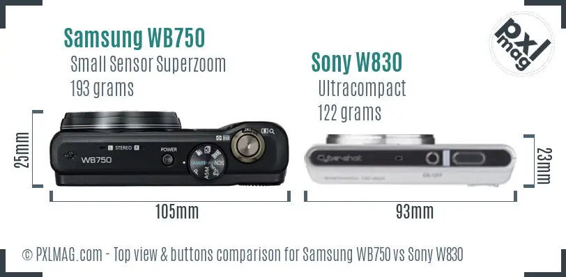 Samsung WB750 vs Sony W830 top view buttons comparison
