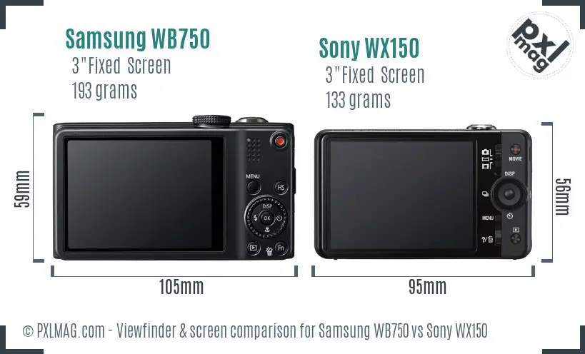 Samsung WB750 vs Sony WX150 Screen and Viewfinder comparison