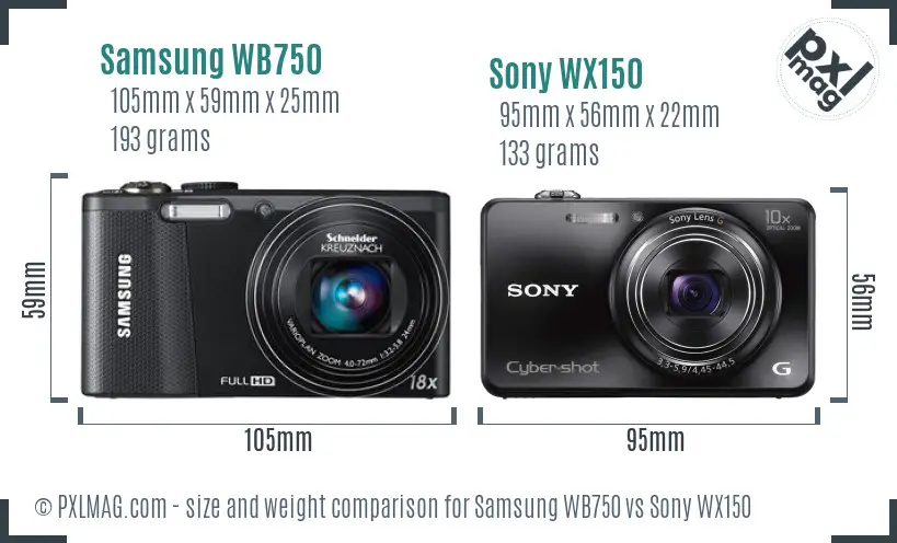 Samsung WB750 vs Sony WX150 size comparison