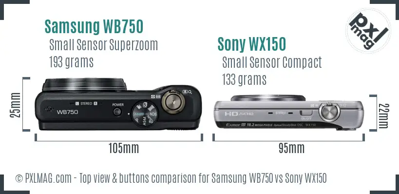 Samsung WB750 vs Sony WX150 top view buttons comparison