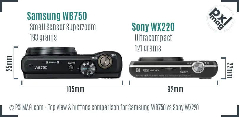 Samsung WB750 vs Sony WX220 top view buttons comparison