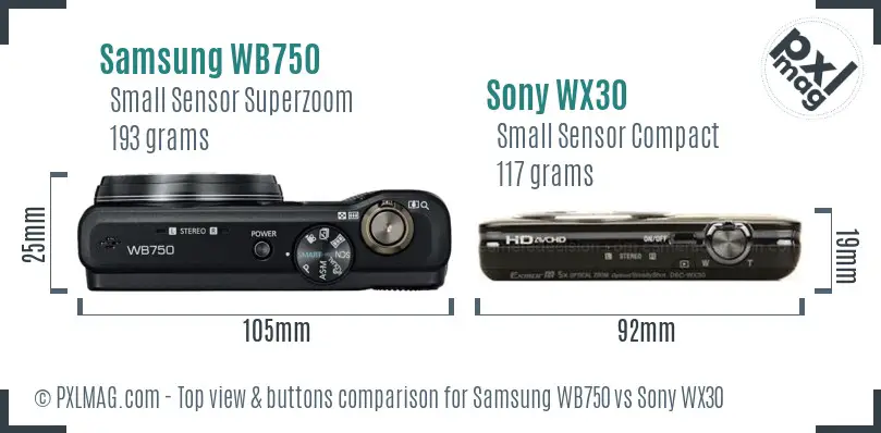 Samsung WB750 vs Sony WX30 top view buttons comparison