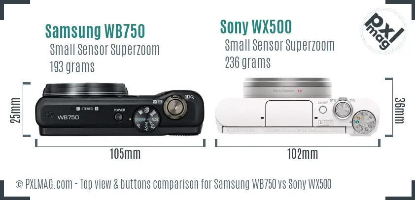 Samsung WB750 vs Sony WX500 top view buttons comparison