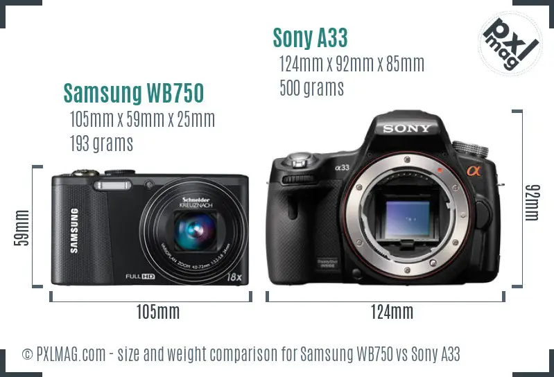 Samsung WB750 vs Sony A33 size comparison
