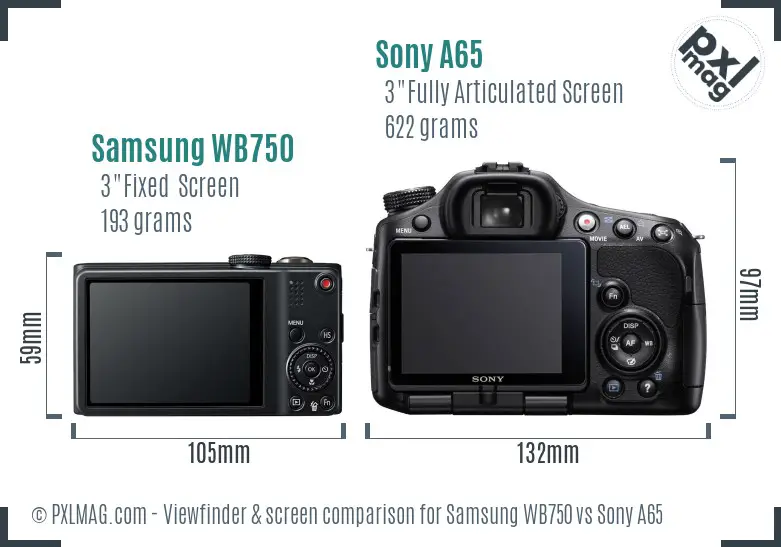 Samsung WB750 vs Sony A65 Screen and Viewfinder comparison