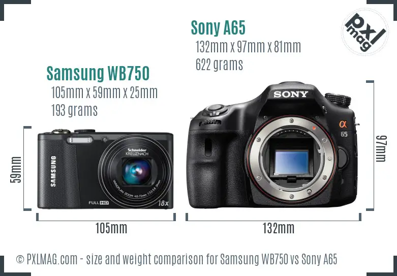 Samsung WB750 vs Sony A65 size comparison