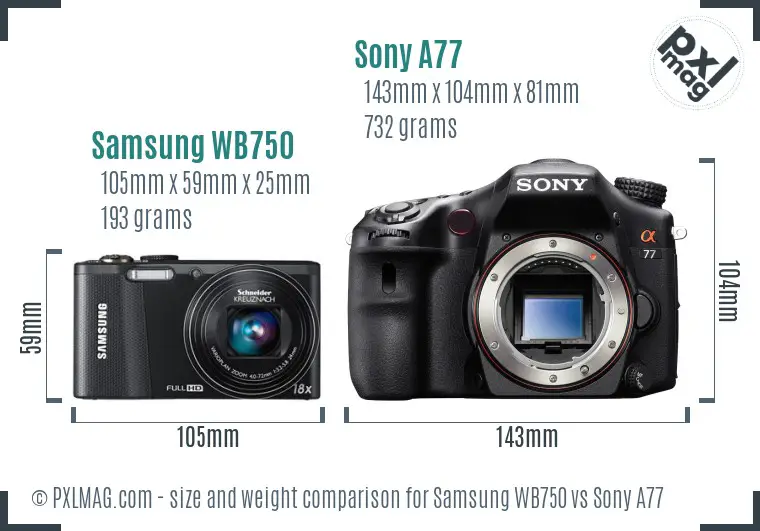 Samsung WB750 vs Sony A77 size comparison