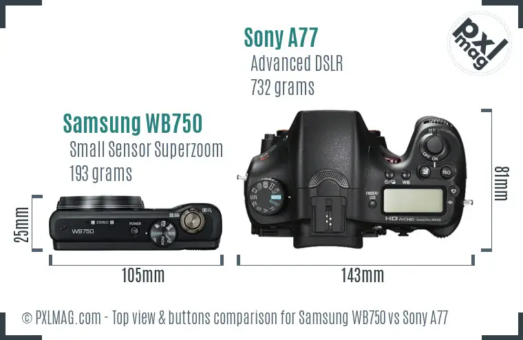 Samsung WB750 vs Sony A77 top view buttons comparison