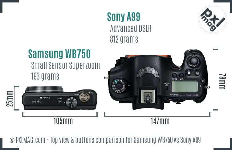 Samsung WB750 vs Sony A99 top view buttons comparison