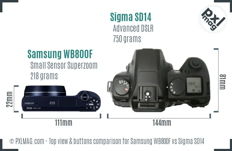 Samsung WB800F vs Sigma SD14 top view buttons comparison