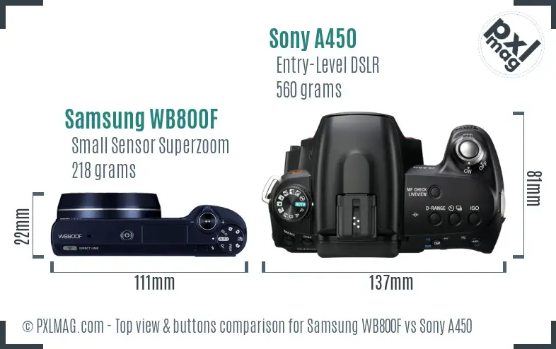 Samsung WB800F vs Sony A450 top view buttons comparison