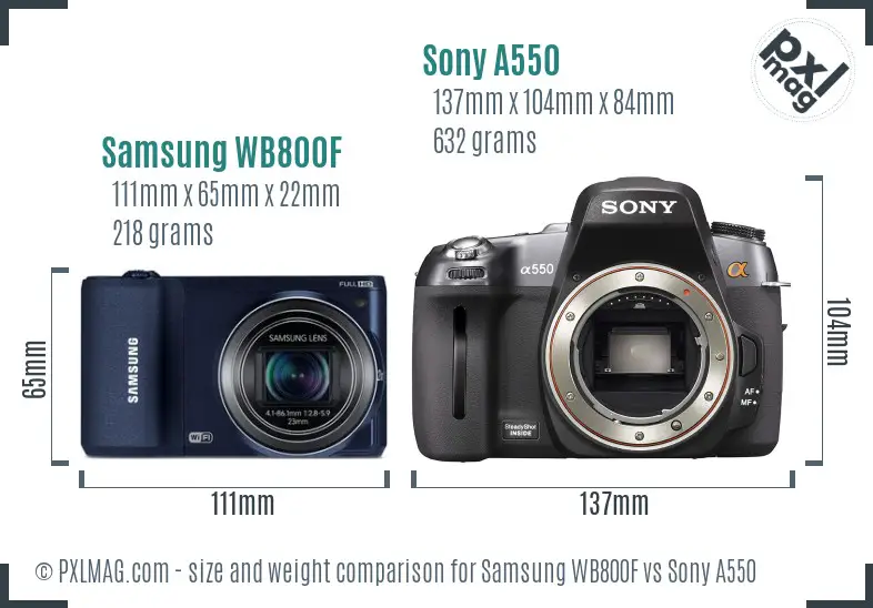 Samsung WB800F vs Sony A550 size comparison