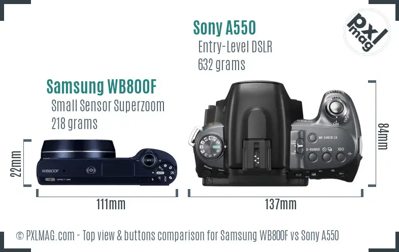 Samsung WB800F vs Sony A550 top view buttons comparison