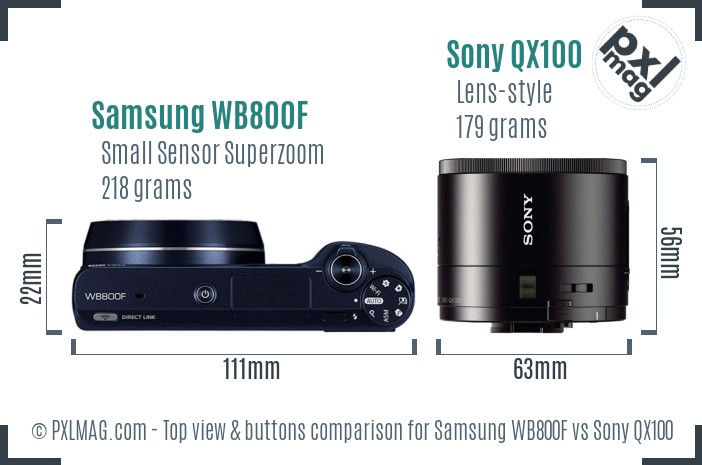 Samsung WB800F vs Sony QX100 top view buttons comparison