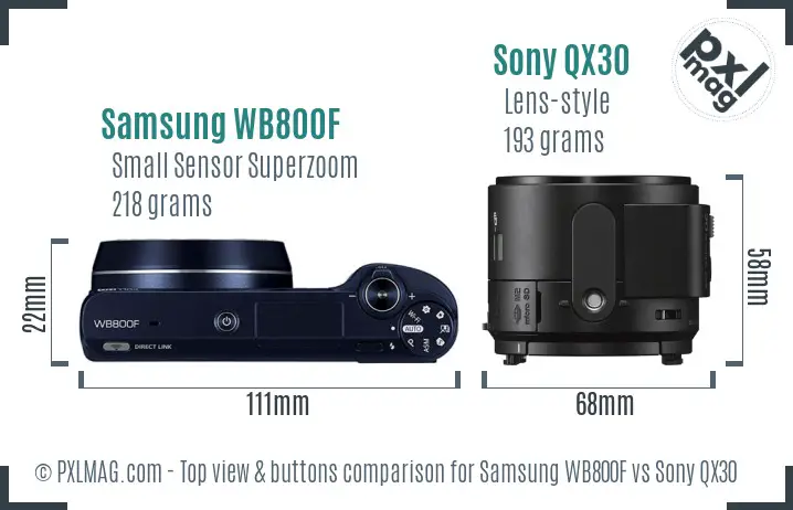 Samsung WB800F vs Sony QX30 top view buttons comparison