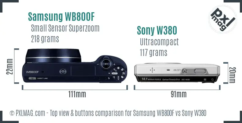 Samsung WB800F vs Sony W380 top view buttons comparison