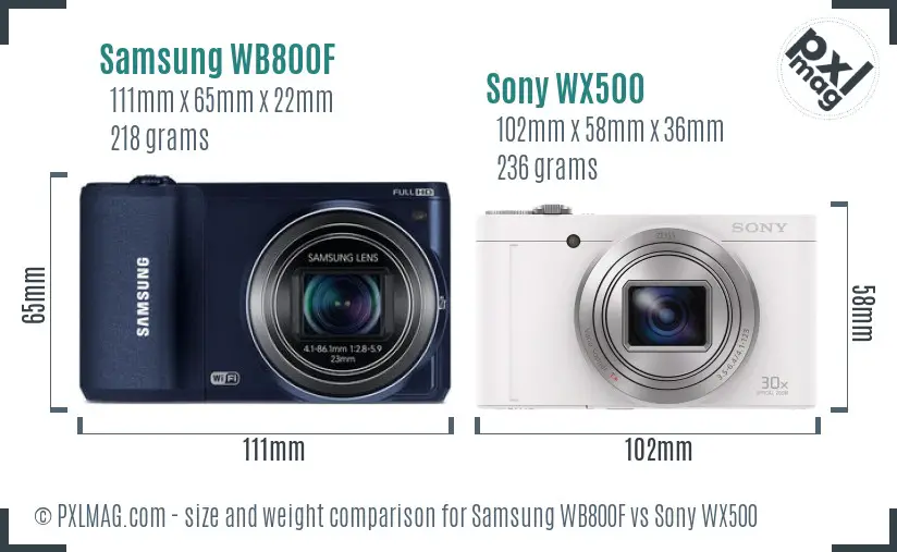 Samsung WB800F vs Sony WX500 size comparison