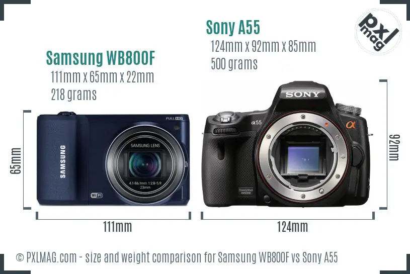 Samsung WB800F vs Sony A55 size comparison