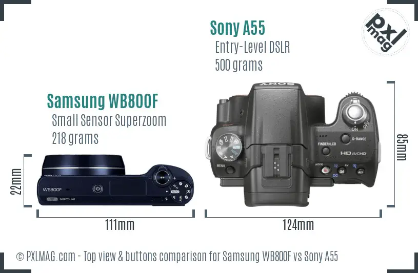 Samsung WB800F vs Sony A55 top view buttons comparison