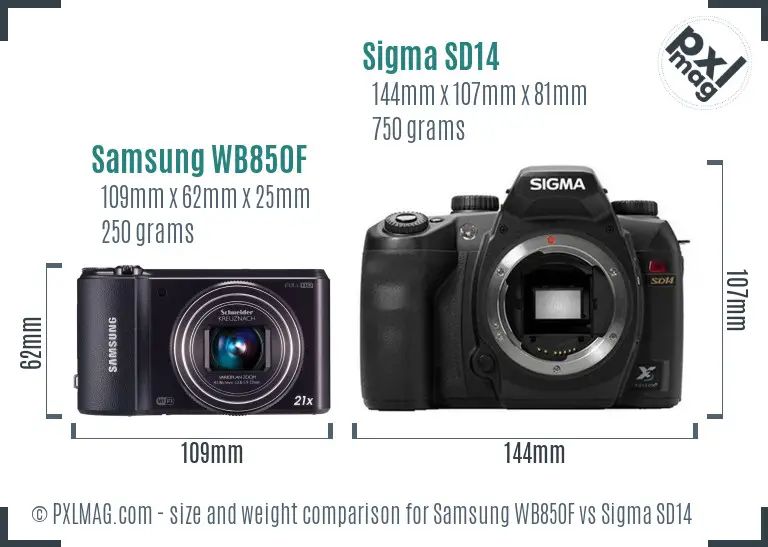 Samsung WB850F vs Sigma SD14 size comparison