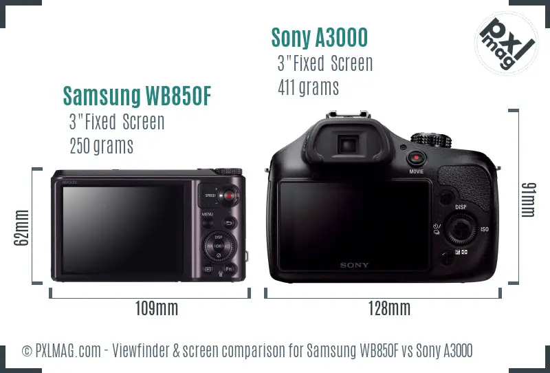 Samsung WB850F vs Sony A3000 Screen and Viewfinder comparison