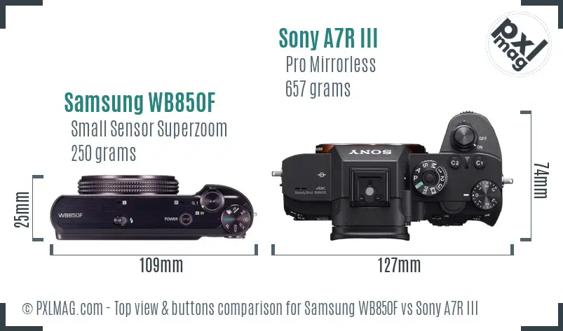 Samsung WB850F vs Sony A7R III top view buttons comparison