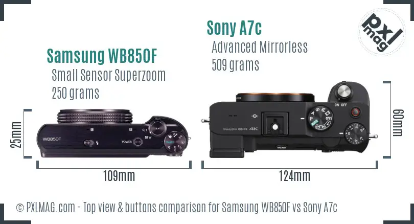 Samsung WB850F vs Sony A7c top view buttons comparison
