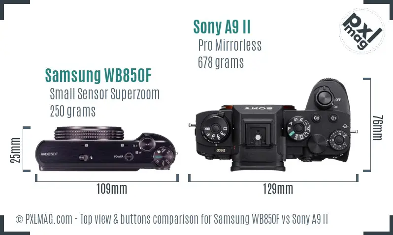 Samsung WB850F vs Sony A9 II top view buttons comparison
